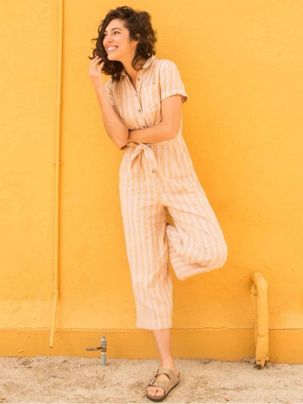 Toad&Co Taj Hemp Striped Jumpsuit Short Sleeve Wide Leg in Peach Size S